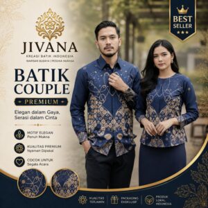 Batik Jivana. Batik Couple Biru Navy Mewah, Kemeja Dan Blouse Bahan Katun Lapis Furing