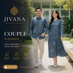 Batik Couple Modern Premium JIVANA | Dress Wanita & Kemeja Pria Elegant Biru