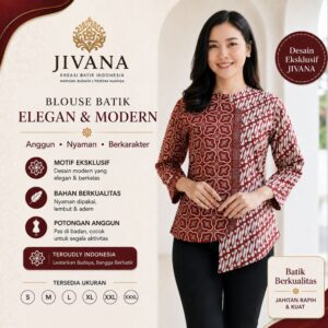 Blouse Batik Merah Putih Modern Lengan Panjang – Atasan Batik Wanita Elegan Kekinian | Batik Jivana Jonjing model Terbaru Katun Prima Solo